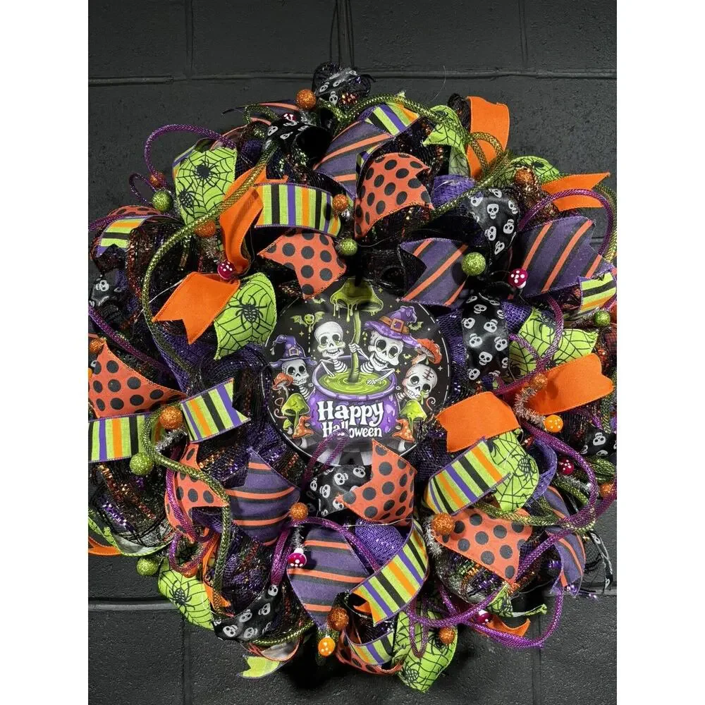 Handmade Halloween Skeleton Wreath – Bright Deco Mesh Door Decor